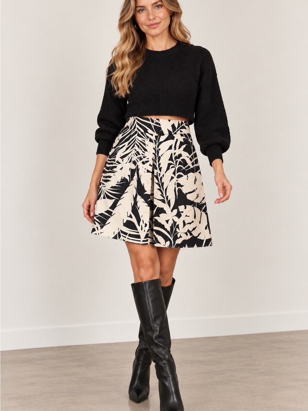 A-line Floral Print Skirt in navy & Cream 100% silk